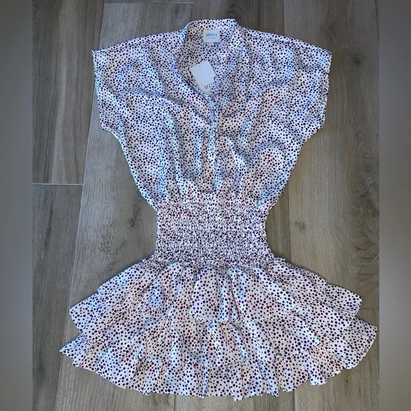 MISA Los Angeles Polka Dot Smocked Mini Dress XS NWT Ruffle Hem - Picture 2 of 5